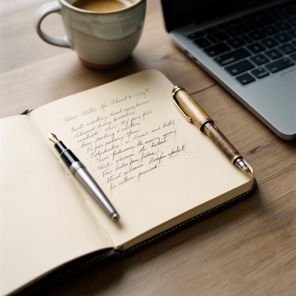 An open notebook beside a MacBook — decisions and commitments captured by Cue after the meeting.